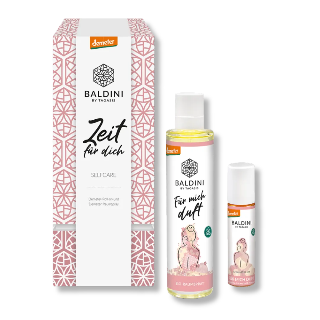 Baldini Selfcare-Duftset "Zeit für dich" mit Bio-Raumspray und Aroma Roll-On, Demeter-Qualität.