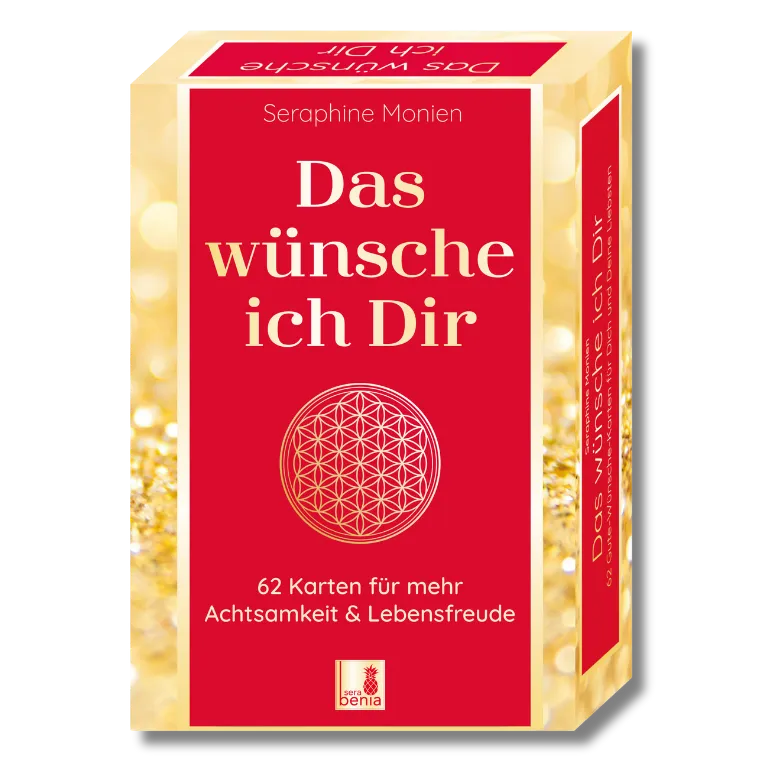 Vorderseite des Kartensets 'Das wünsche ich Dir' von Seraphine Monien, rot-goldenes Design, Blume des Lebens.