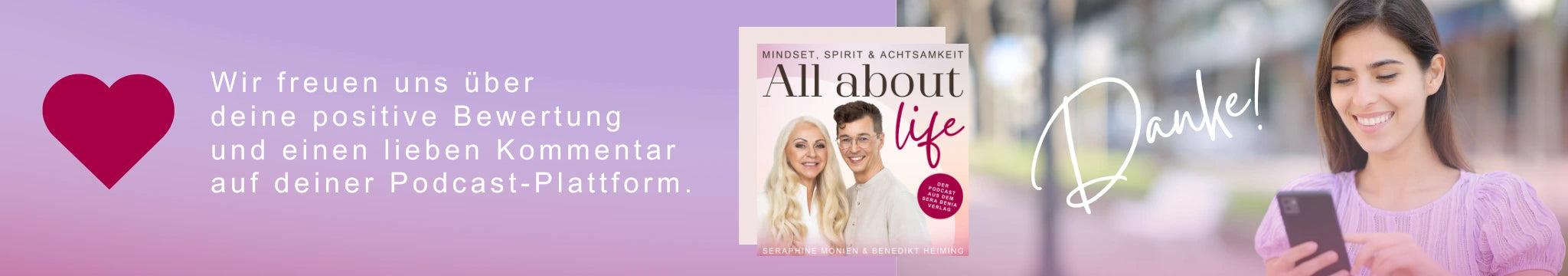 Frau bewertet "All about life" Podcast auf Smartphone, Dank für positive Bewertung.