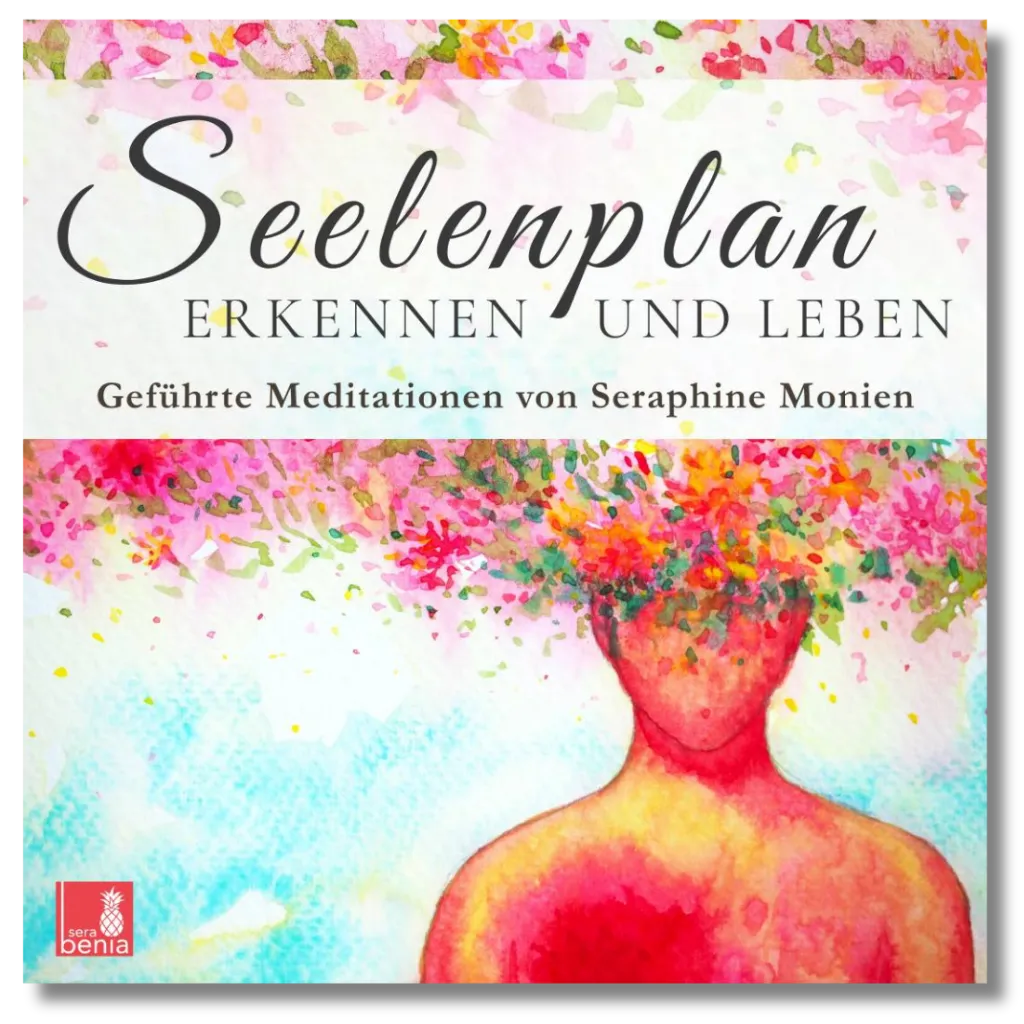 Cover der geführten Meditation "Seelenplan erkennen und leben" von Seraphine Monien, mit farbenfroher Illustration einer Person und Blumen.